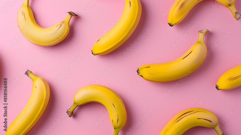 Colorful fruit pattern of fresh yellow bananas on pink background. From top view Colorful fruit pattern of fresh yellow bananas on pink background. From top view
