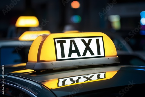 Bright yellow taxi sign illuminates vehicle, blurred background adds ambiance Reflection enhances visibility