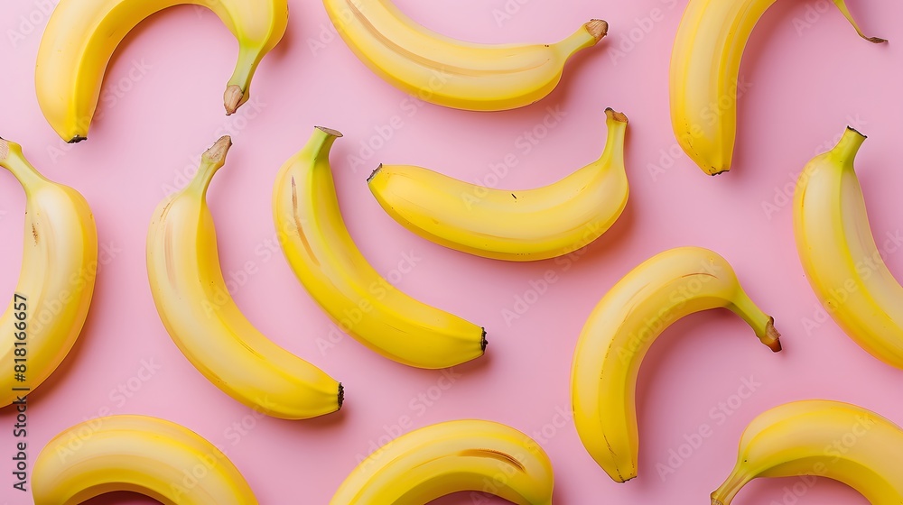 Colorful fruit pattern of fresh yellow bananas on pink background. From top view Colorful fruit pattern of fresh yellow bananas on pink background. From top view