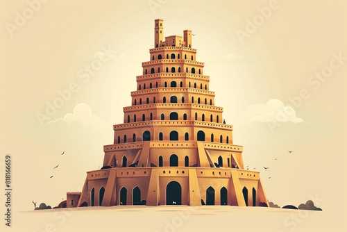 A minimalist illustration of the Tower of Babel  crafted with clean lines and simple shapes to depict the iconic structure symbolizing human ambition and the diversity of languages