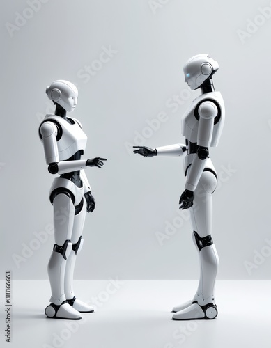 Two humanoid robots  one gesturing to the other  engage in a discussion against a simple grey background.