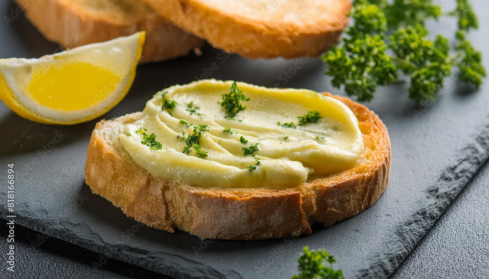 Herb butter sauce on slice of fresh bread on dark table. Tasty snack. Delicious food for dinner. Herb butter sauce on slice of fresh bread on dark table. Tasty snack. Delicious food for dinner.