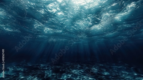 The view of the dark blue ocean surface from beneath the water 