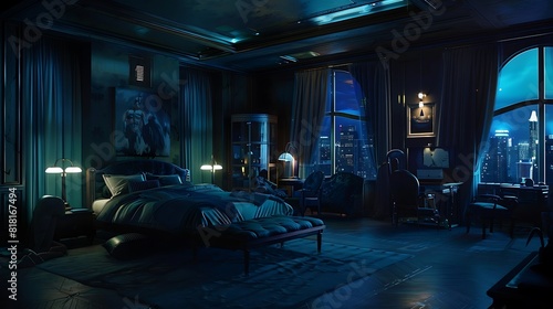 The penthouse bedroom exuded an air of mystery at night, with its luxurious furnishings bathed in shadows and the occasional sound of distant sirens echoing through the night air.