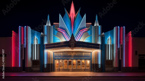 An Art Deco theater exterior with neon lights and bold geometric facades