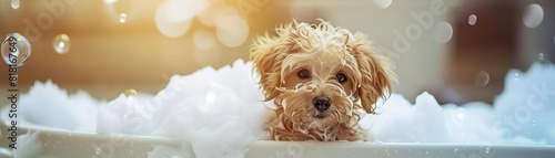 Maltipoo puppy in a bathtub filled with foam and soap bubbles, perfect for illustrating a pets grooming and cleaning concept with an endearing touch photo