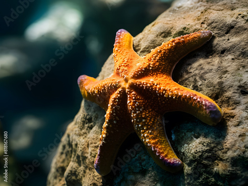A close-up shot of a colorful starfish clinging to a rock, its textured surface highlighted by the gentle caress of ocean currents © Md