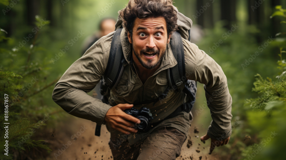 Funny Tourist With a Camera Excitedly Running Through a Lush Green Forest Funny Tourist With a Camera Excitedly Running Through a Lush Green Forest