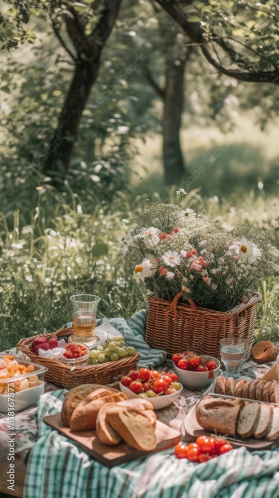 Picnic table with bread, fruit, and vegetables on it, picnics summer activities
Picnic table with bread, fruit, and vegetables on it, picnics summer activities