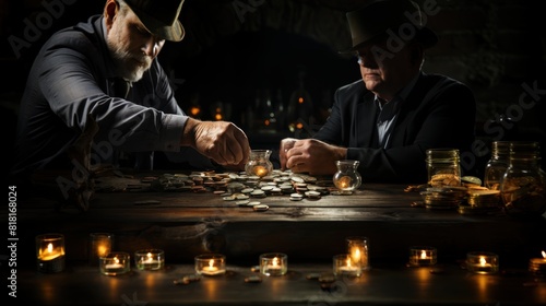 Two Men Counting Money by Candlelight in Dark Mysterious Setting