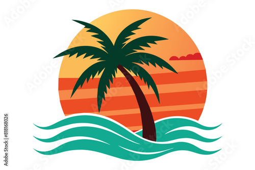 Palm tree with wave and sunset vector design