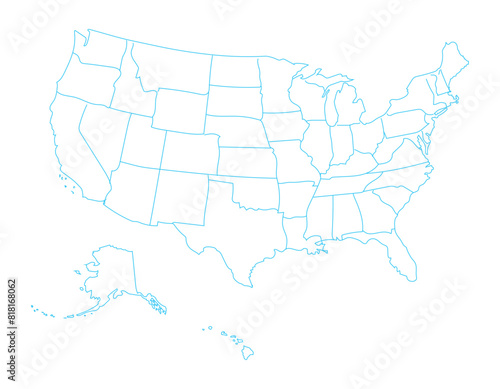 Outline map of the United States of America 50 States of the USA with state borders