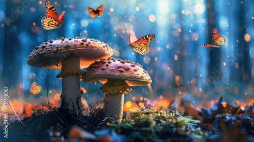 Two large mushrooms with butterflies flying around them