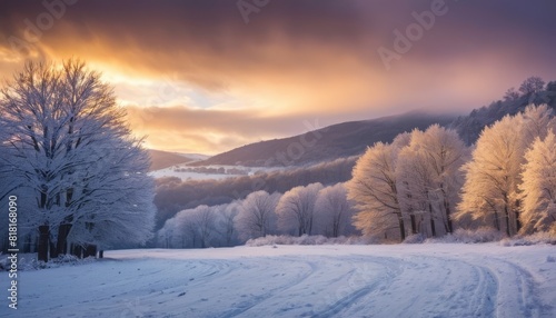 Breathtaking snowy landscape at sunset with frost-covered trees and curving tracks through the snow, overlooking distant hills.