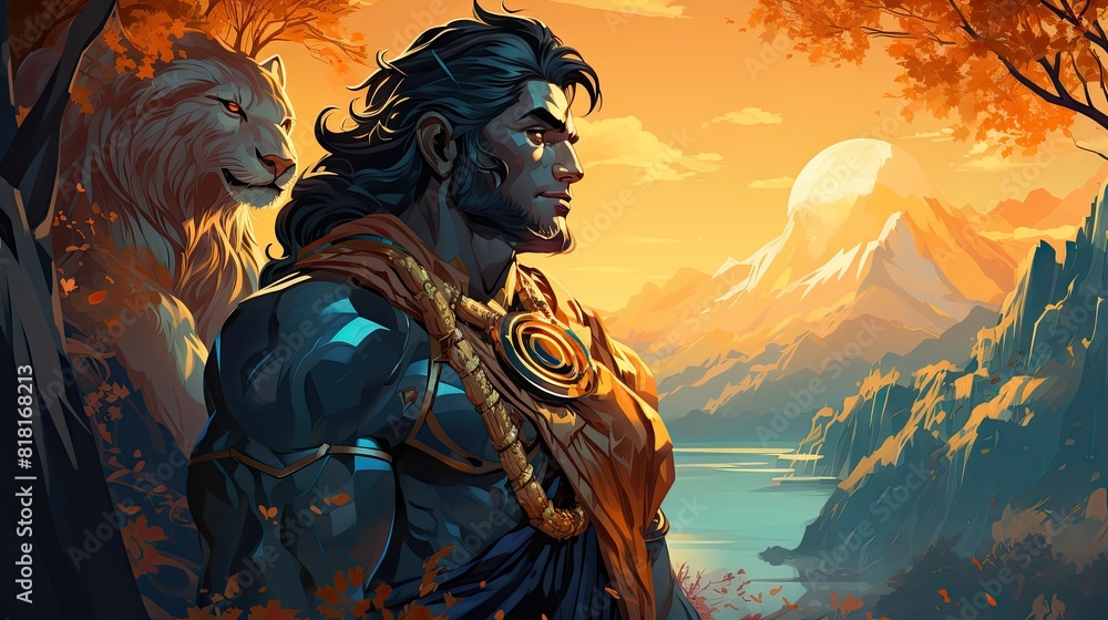 Epic Illustration of Indian God Rama with Bow and Lion in Sunset Mountain Landscape Epic Illustration of Indian God Rama with Bow and Lion in Sunset Mountain Landscape