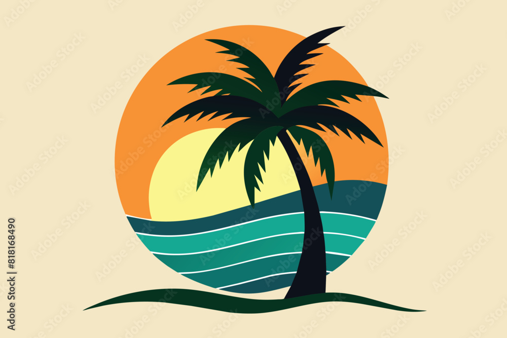 Palm tree with wave and sunset vector design