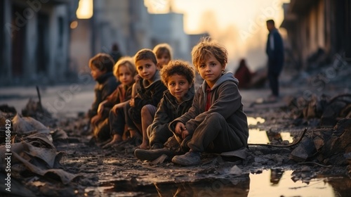 Group of Sad and Crying Children Sitting Amidst Ruins at Sunset