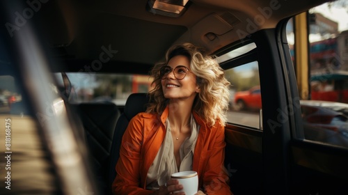Mature Woman in Smart Casual Wear Smiling While Sitting in a Car Holding a Coffee Cup