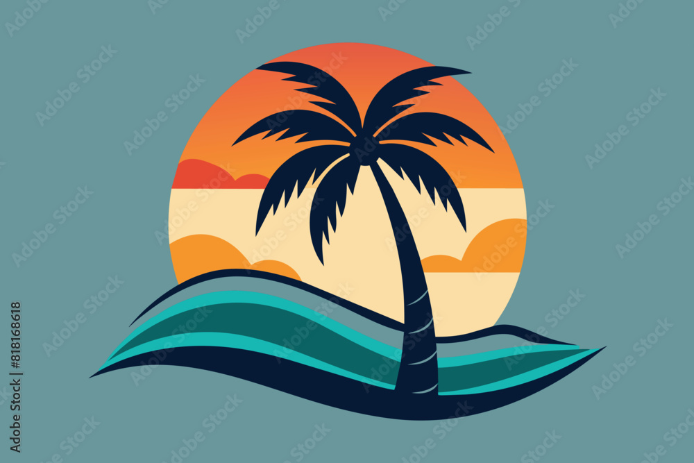 Palm tree with wave and sunset vector design