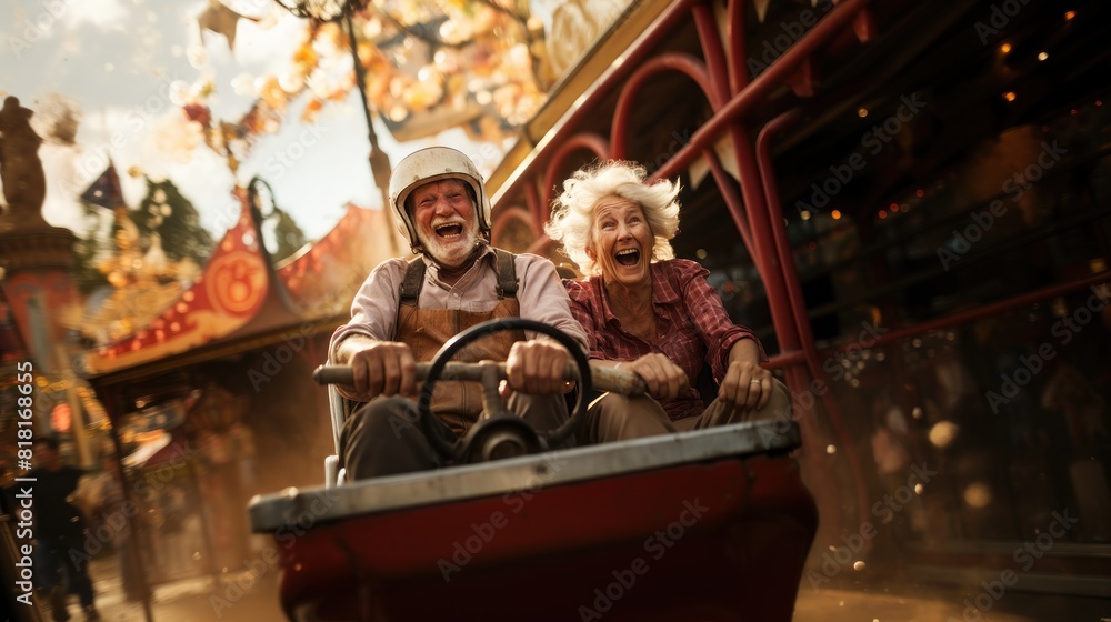 Joyful Senior Couple Riding Amusement Park Roller Coaster in Autumn Joyful Senior Couple Riding Amusement Park Roller Coaster in Autumn