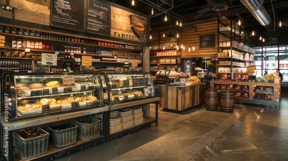 A warm and inviting artisan market featuring display counters filled with pastries, cheeses, and shelves lined with various products during the day. A warm and inviting artisan market featuring display counters filled with pastries, cheeses, and shelves lined with various products during the day.