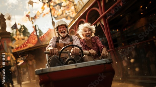 Joyful Senior Couple Riding Amusement Park Roller Coaster in Autumn