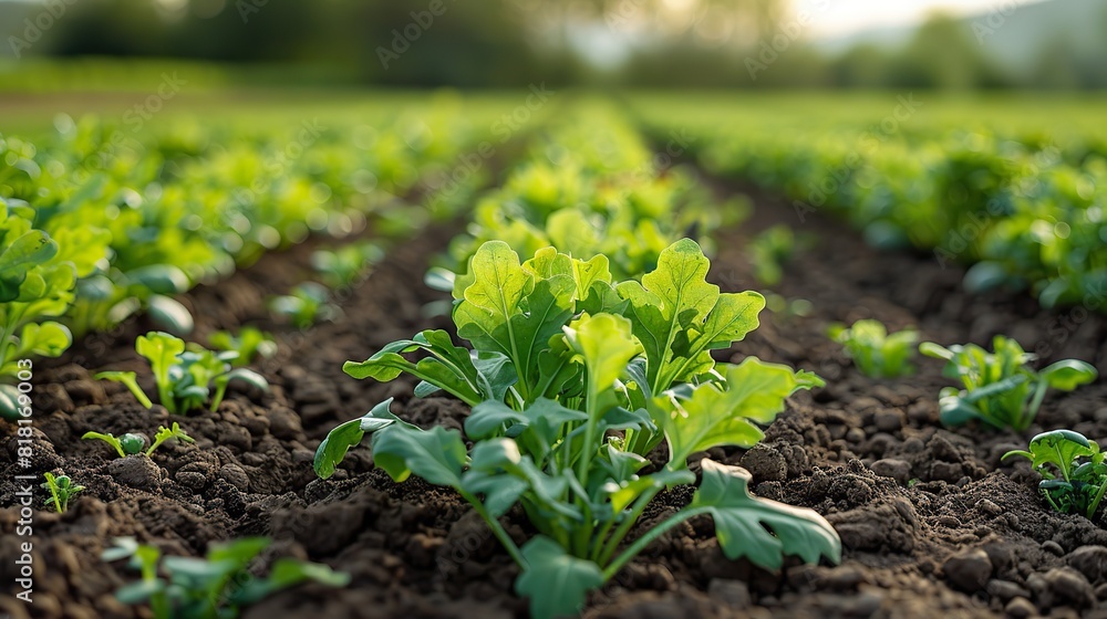 A field of vibrant green arugula growing in neat rows. A field of vibrant green arugula growing in neat rows.
