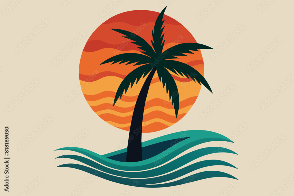 Palm tree with wave and sunset vector design