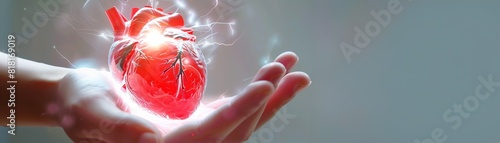 a hologram of a hand holding a floating red human heart. Cardiology and medical care for infarct. Healthcare medical concept.