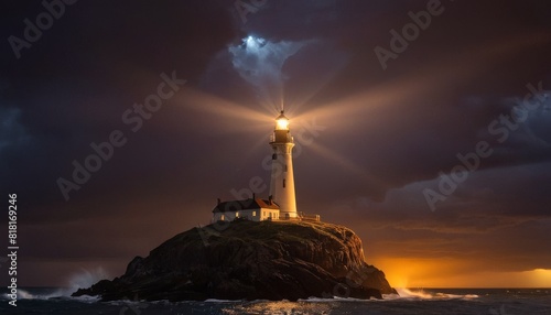 A solitary lighthouse on a rocky island shines brightly under a stormy night sky, guiding sailors with its powerful beacon. photo