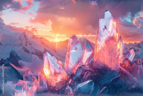 Crystal Mountains View, Crystals Landscape Illuminated By the Setting Sun, Copy Space photo