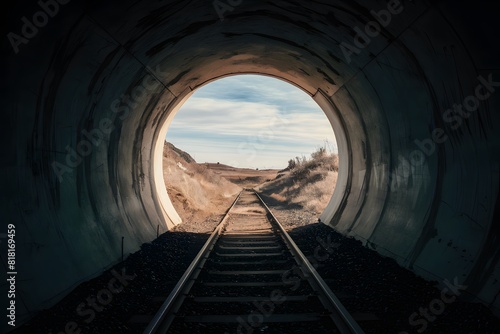 Tunnel entrance reveals vast open landscape with railway tracks and soft lighting