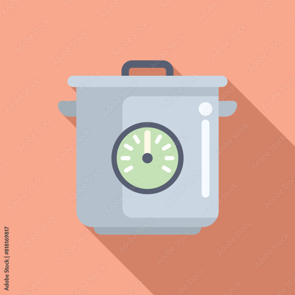 Flat design icon of a grey pressure cooker with a timer, on a peach background Flat design icon of a grey pressure cooker with a timer, on a peach background