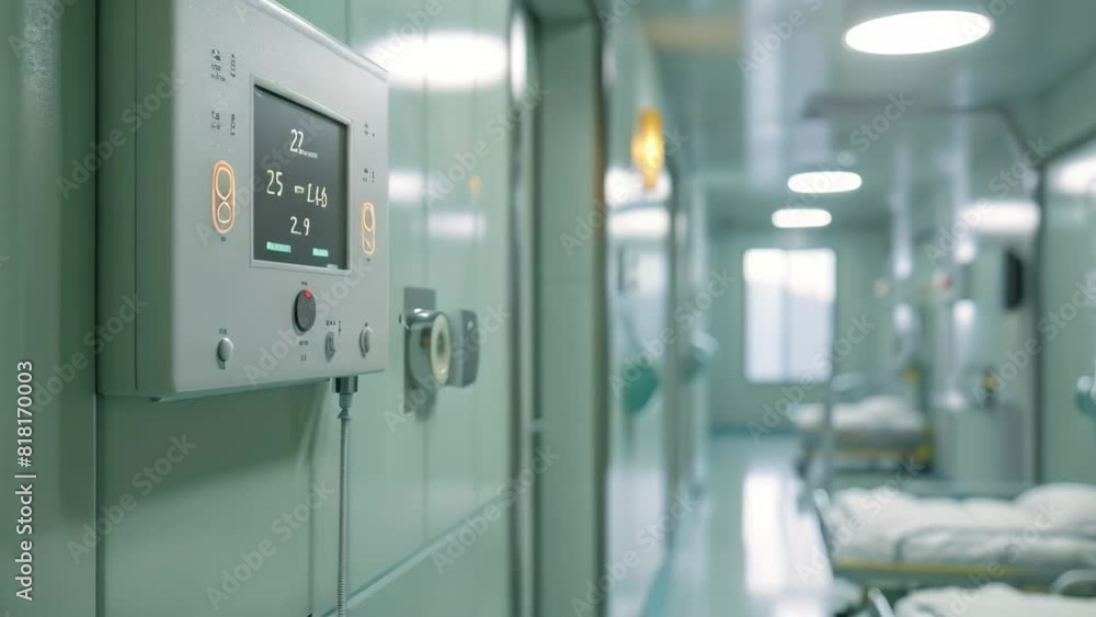 A hospital room with multiple beds and a clock hanging on the wall, A central control panel for medical staff to monitor and adjust room conditions with ease A hospital room with multiple beds and a clock hanging on the wall, A central control panel for medical staff to monitor and adjust room conditions with ease