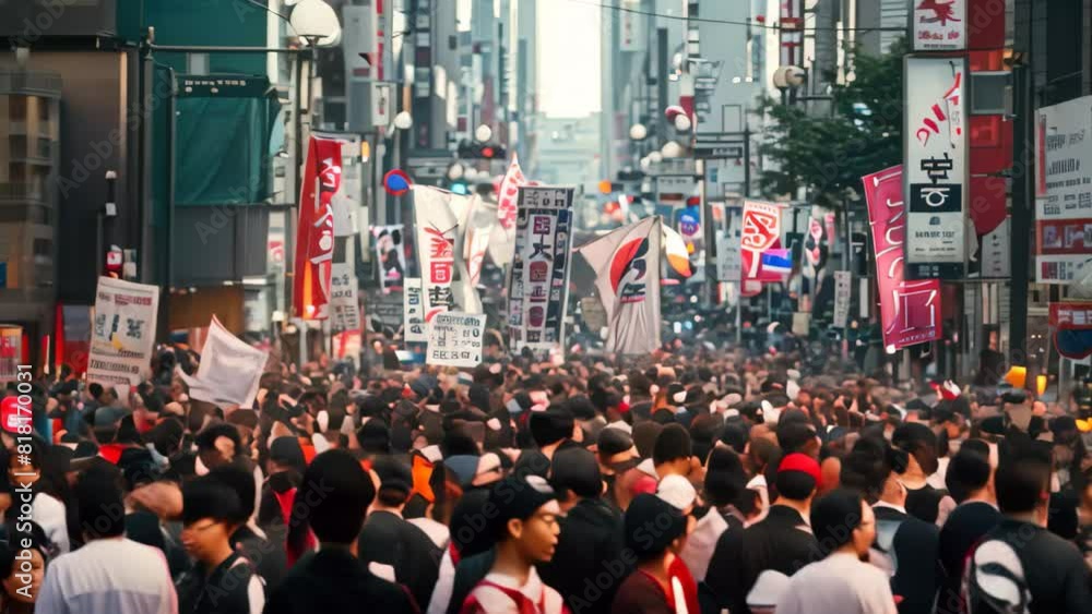 A chaotic protest march with banners and signs waving as a large group of people walks down a street, A chaotic protest march with banners and signs waving above the crowd A chaotic protest march with banners and signs waving as a large group of people walks down a street, A chaotic protest march with banners and signs waving above the crowd