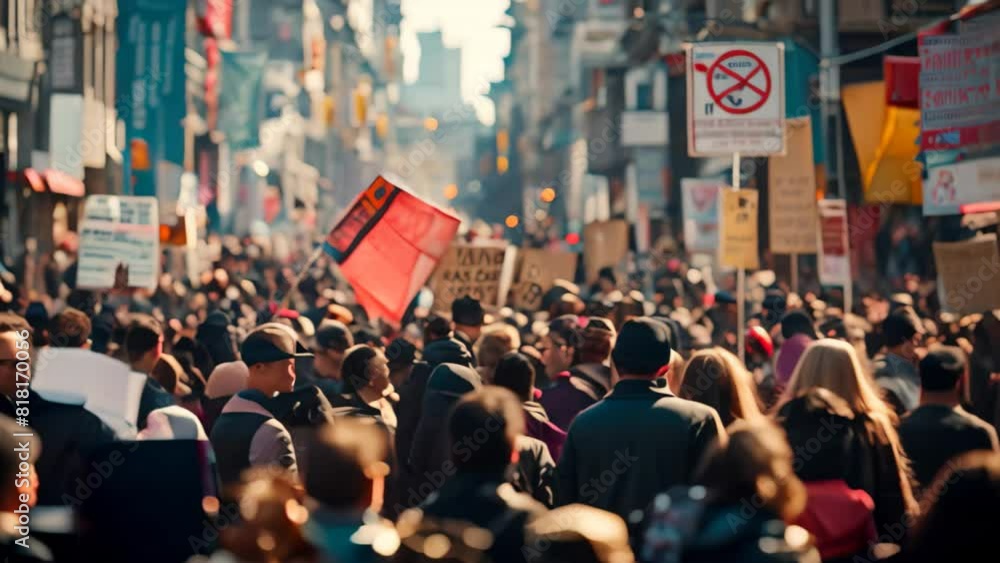 custom made wallpaper toronto digitalA large group of individuals marching down a street while holding various signs and banners, A chaotic protest march with banners and signs waving above the crowd