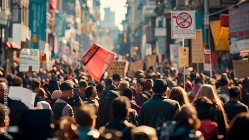 Wallpaper Mural A large group of individuals marching down a street while holding various signs and banners, A chaotic protest march with banners and signs waving above the crowd Torontodigital.ca