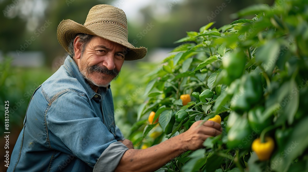 A farmer inspecting a row of healthy bell pepper plants.
