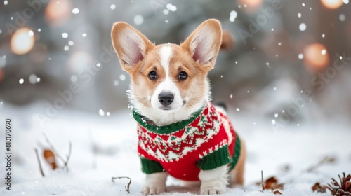 Adorable chubby corgi pup wearing a holiday sweater, its chubby body snug and warm against the winter chill.  © KP