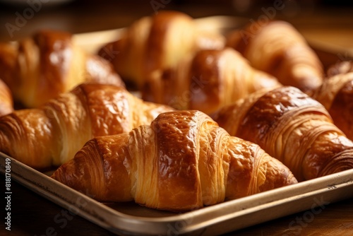 Close up photo of tray with freshly baked croissants. Generative AI