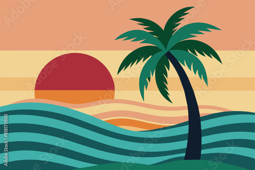 Palm tree with wave and sunset vector design