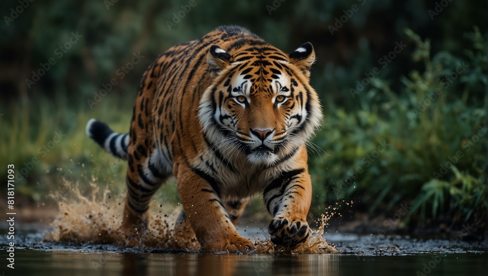 Obraz premium A large tiger walks through shallow water, its stripes clearly visible. Dark green background