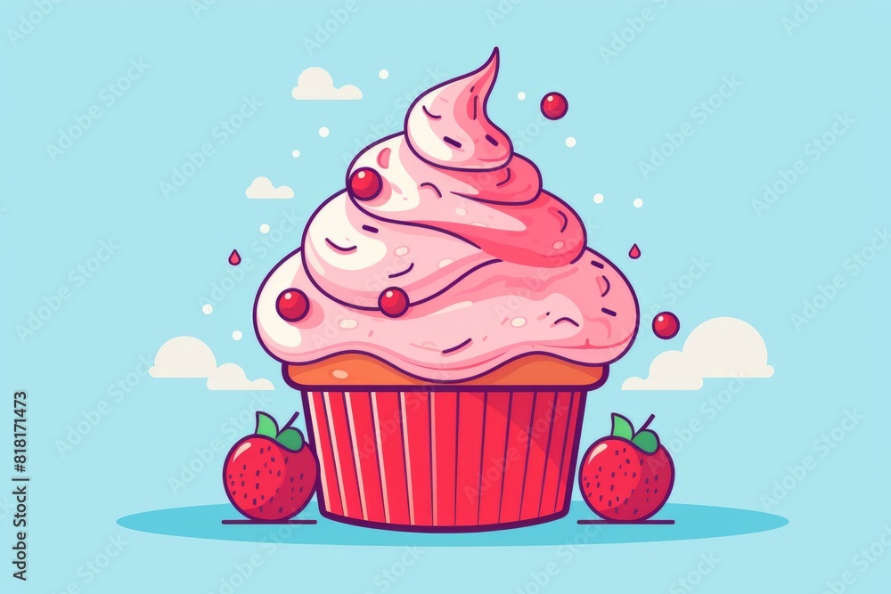 Illustration of a cupcake with pink frosting and strawberries on the top. Generative AI Illustration of a cupcake with pink frosting and strawberries on the top. Generative AI