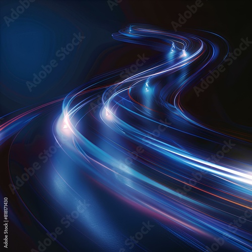 Blue abstract background with streams of light trails, AI generation