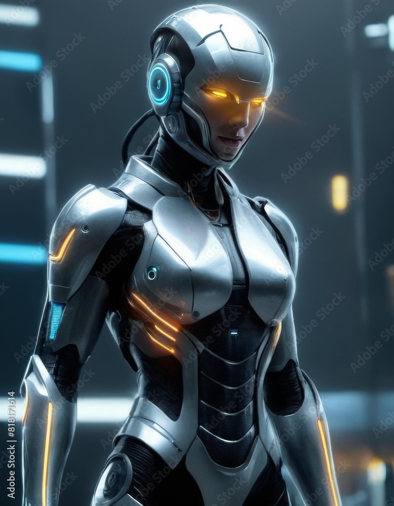 Sleek female robot with glowing yellow eyes standing in a high-tech facility, illustrating cutting-edge robotic technology.