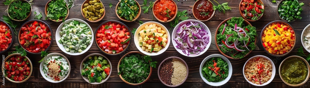A vibrant overhead shot of a rustic wooden table filled with bowls of colorful salads including Caesar, Greek, and a quinoa vegetable mix, ample space on the right for text. A vibrant overhead shot of a rustic wooden table filled with bowls of colorful salads including Caesar, Greek, and a quinoa vegetable mix, ample space on the right for text.