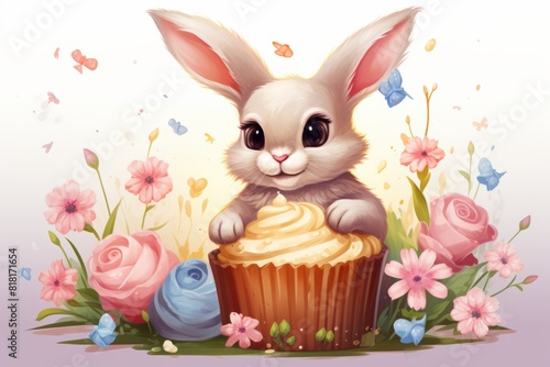 Easter bunny with a cupcake and flowers in the background. Generative AI © KaterynaVS