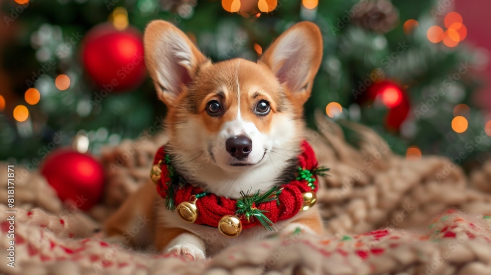 Adorable chubby corgi pup wearing a jingle bell collar, spreading holiday cheer with every joyful jingle Adorable chubby corgi pup wearing a jingle bell collar, spreading holiday cheer with every joyful jingle