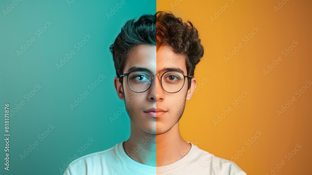 A split-screen image showing a person's real-life self on one side and their carefully curated social media persona on the other, highlighting the contrast between online and offline identities A split-screen image showing a person's real-life self on one side and their carefully curated social media persona on the other, highlighting the contrast between online and offline identities