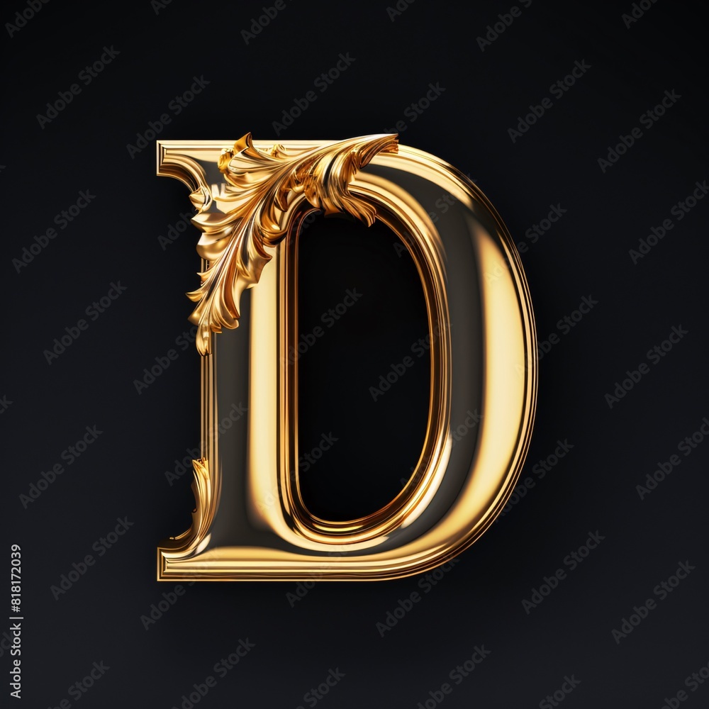 Golden letter D uppercase. 3D render font with gold ornament isolated on black background.